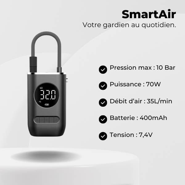 Gonfleur Pneu Voiture Sans Fil 10 Bar 70W – Mini Compresseur USB-C | SmartAir™ 4 Gonfleur pneu voiture caractéristiques SmartAir