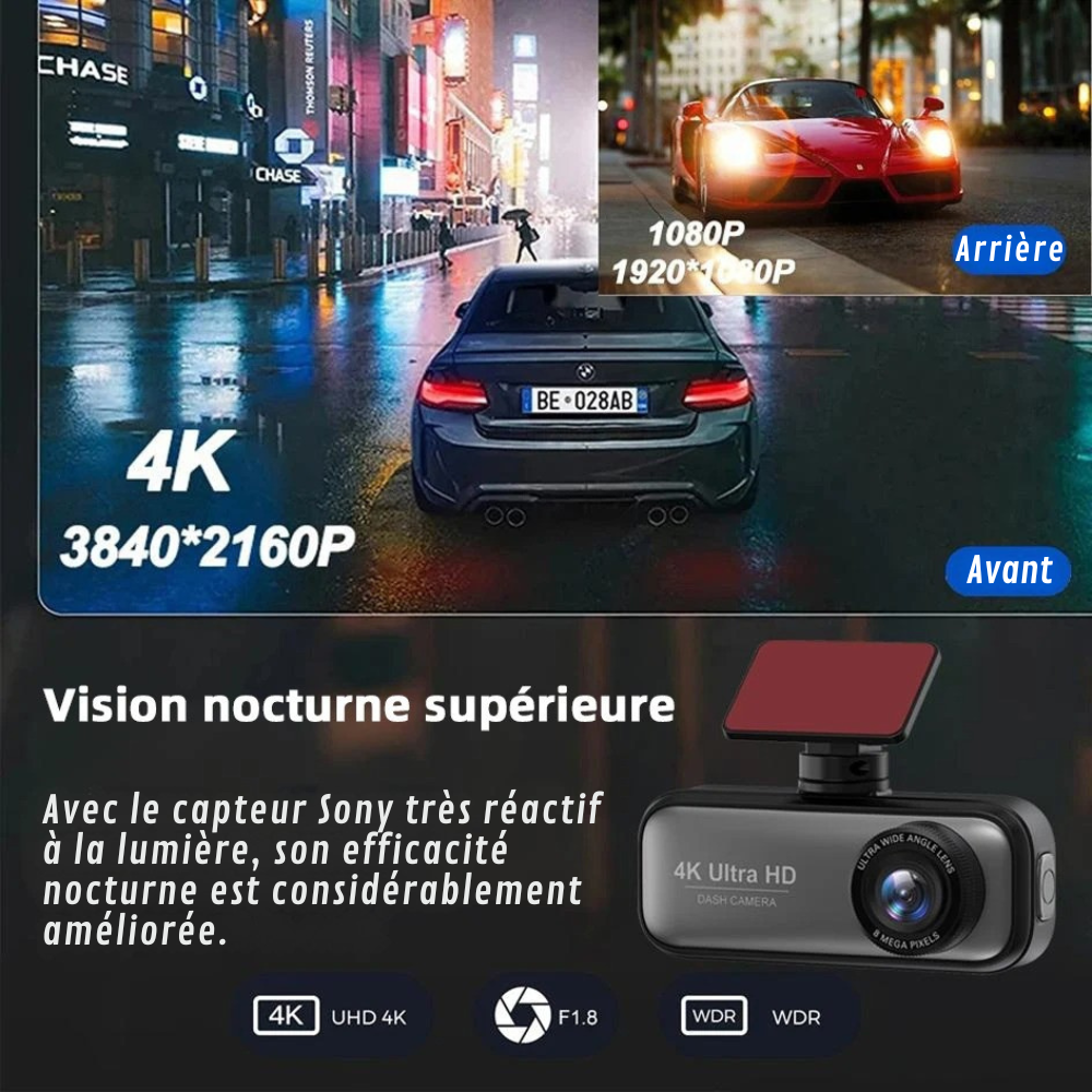 Caméra Embarquée 4K | Sécurité et Connectivité® 3 camera embarque 4k vision nocturne avant arriere