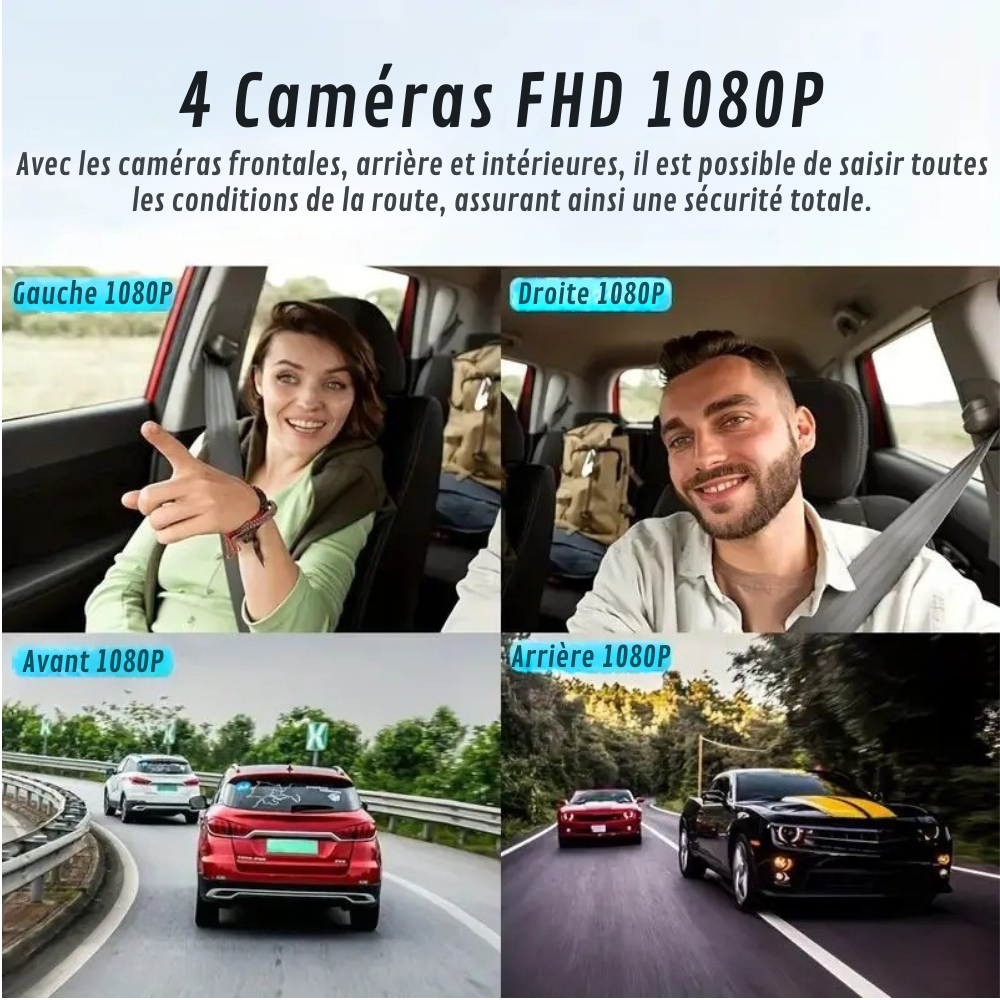 dashcam voiture 360 4 cameras full hd avant arriere interieur